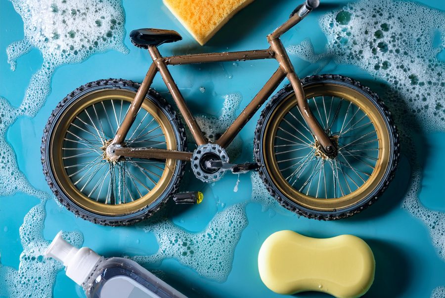 Realistische foto van een modderige fiets die omringt is met zeep water en spons